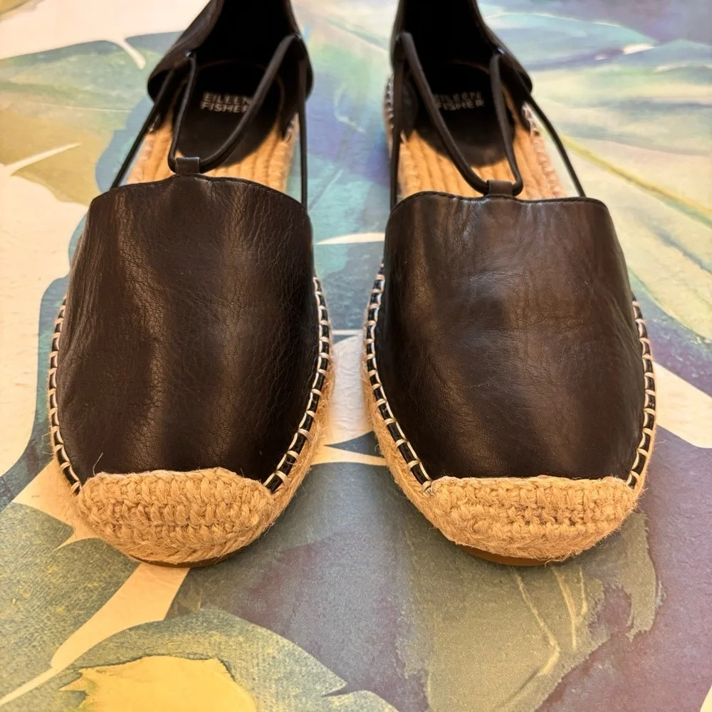 EILEEN FISHER Lee Leather Espadrille Black Size 10 Flats